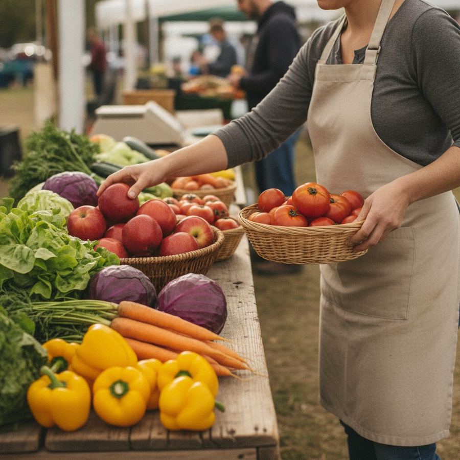 A woman in an apron stands behind an outdoor market stall, placing baskets of apples and tomatoes on a wooden table.