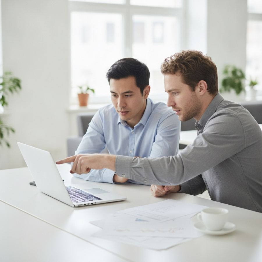 Inside an office, two colleagues sit side by side at a desk looking at the same laptop screen. One is pointing at the screen; papers and a coffee cup are on the desk.