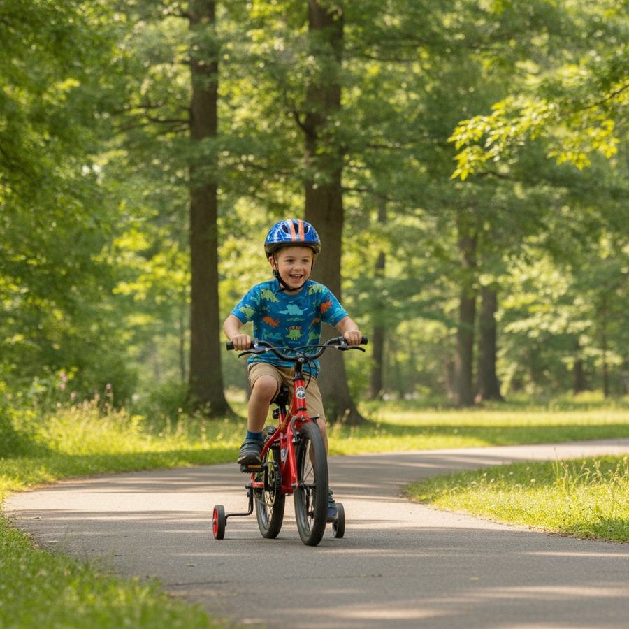 A boy is riding a bicycle in a park.