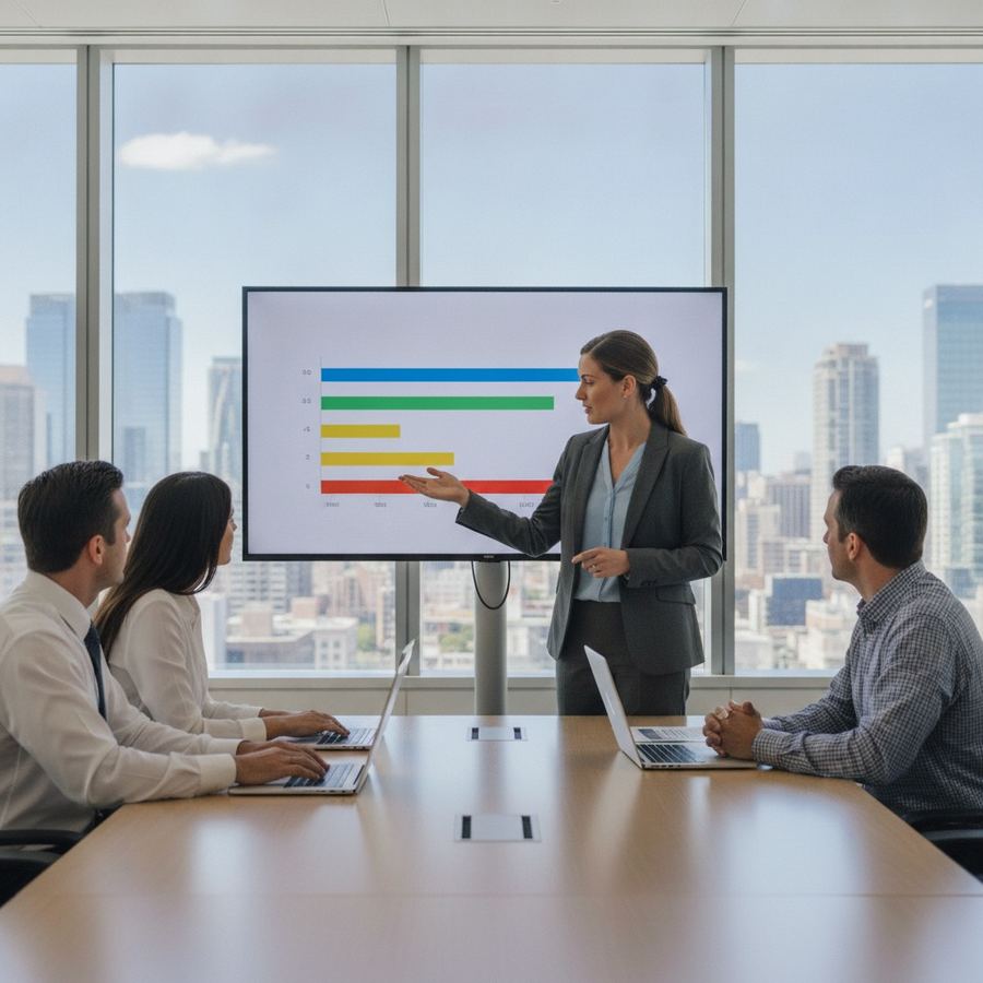 A bright, modern office where four colleagues are gathered around a long table for a meeting. A woman standing at the front points to a bar chart on a large screen while the others watch. Two of them have open laptops, and a city skyline is visible through the windows.