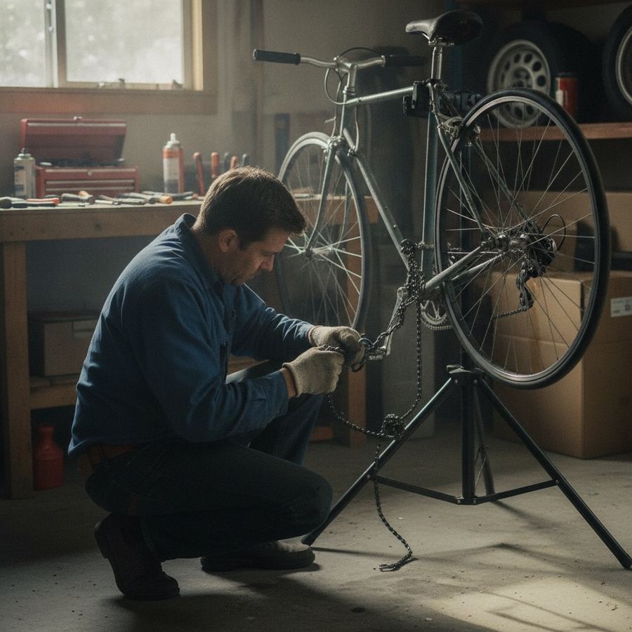 A man is repairing a bicycle in a garage.