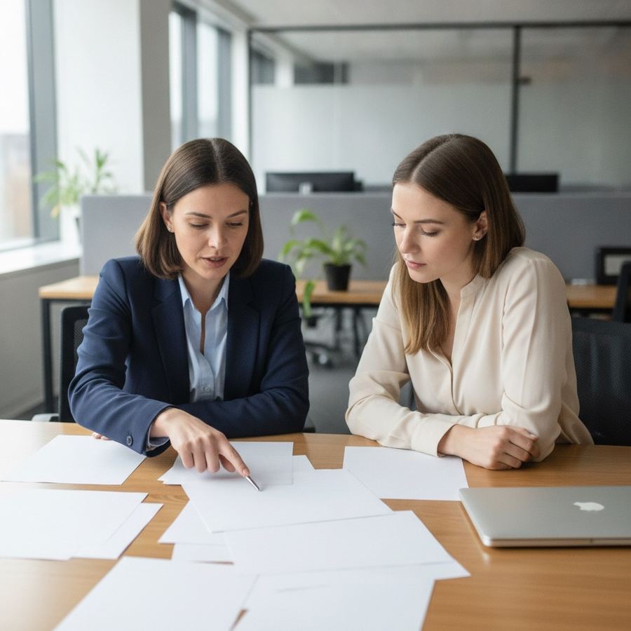Two women are looking at documents at a desk.