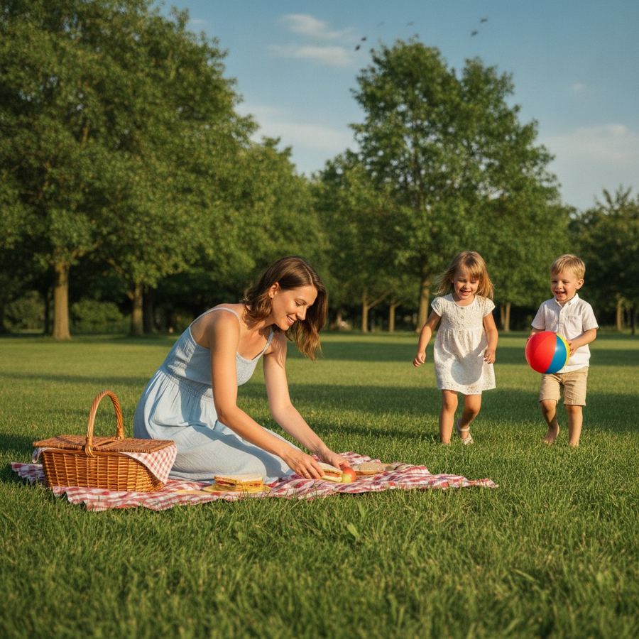 A family is having a picnic in a park. The mother is putting food on a blanket while two children play with a ball nearby.
